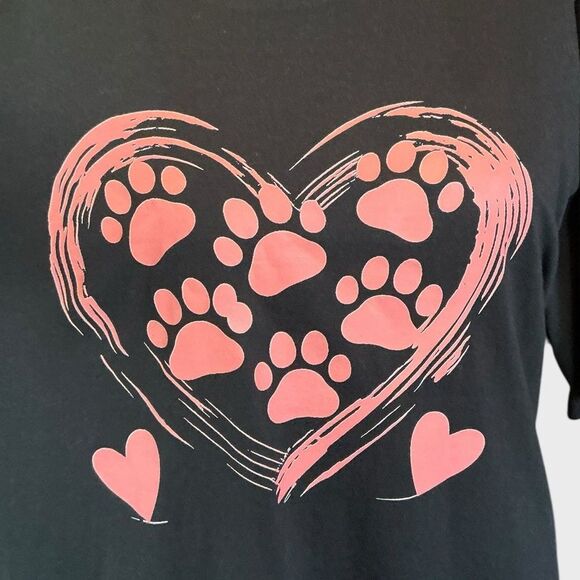 Tops - Dog Mom Graphic Tee L – Black Pink Paw Print Heart Shirt Animal Lover Top